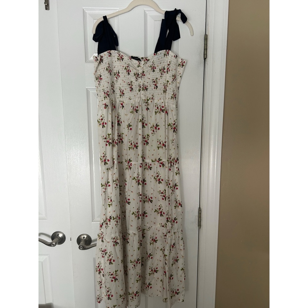 J. Crew Cream Floral Midi Dress with Navy Tie Straps